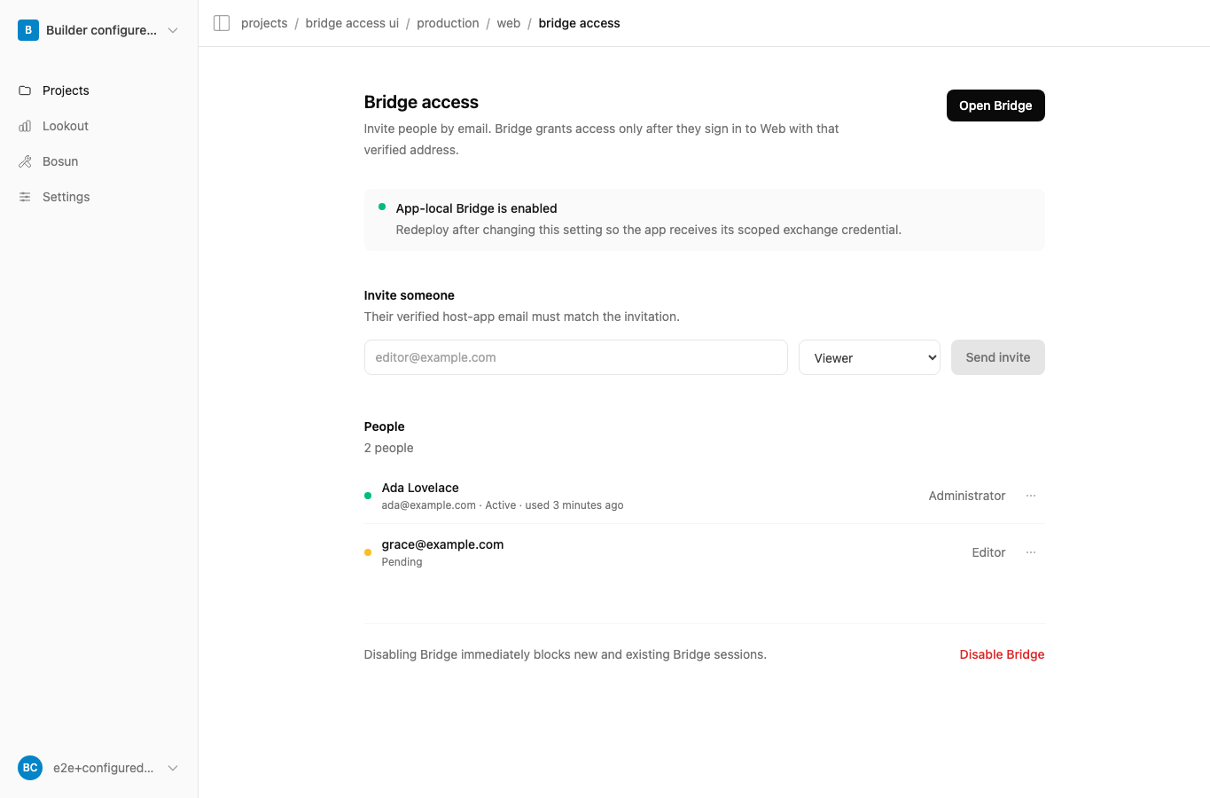 The app-local Bridge invitation and access manager