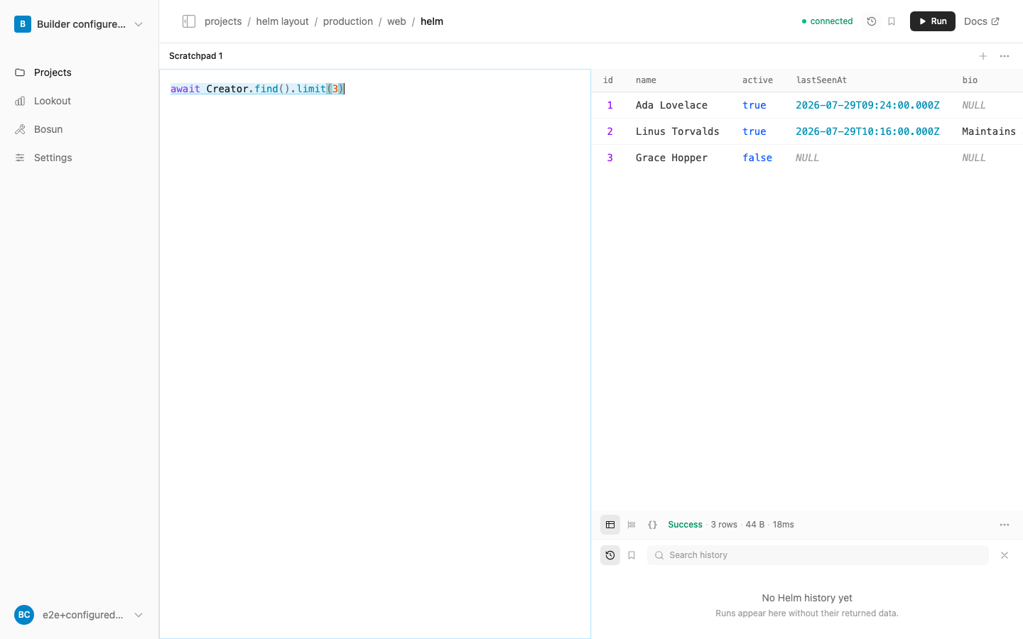 Helm showing a Sails query and a structured table result
